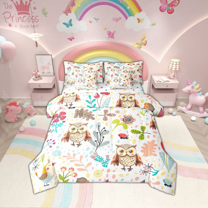 Erosebridal Owl Bed In A Bag With Sheets Twin Cute Owl Bird Comforter Set 7 Piece Woodland Leaf Flower Animal Bedding Set Kawaii Cartoon Jungle Plant Butterfly Bed Set