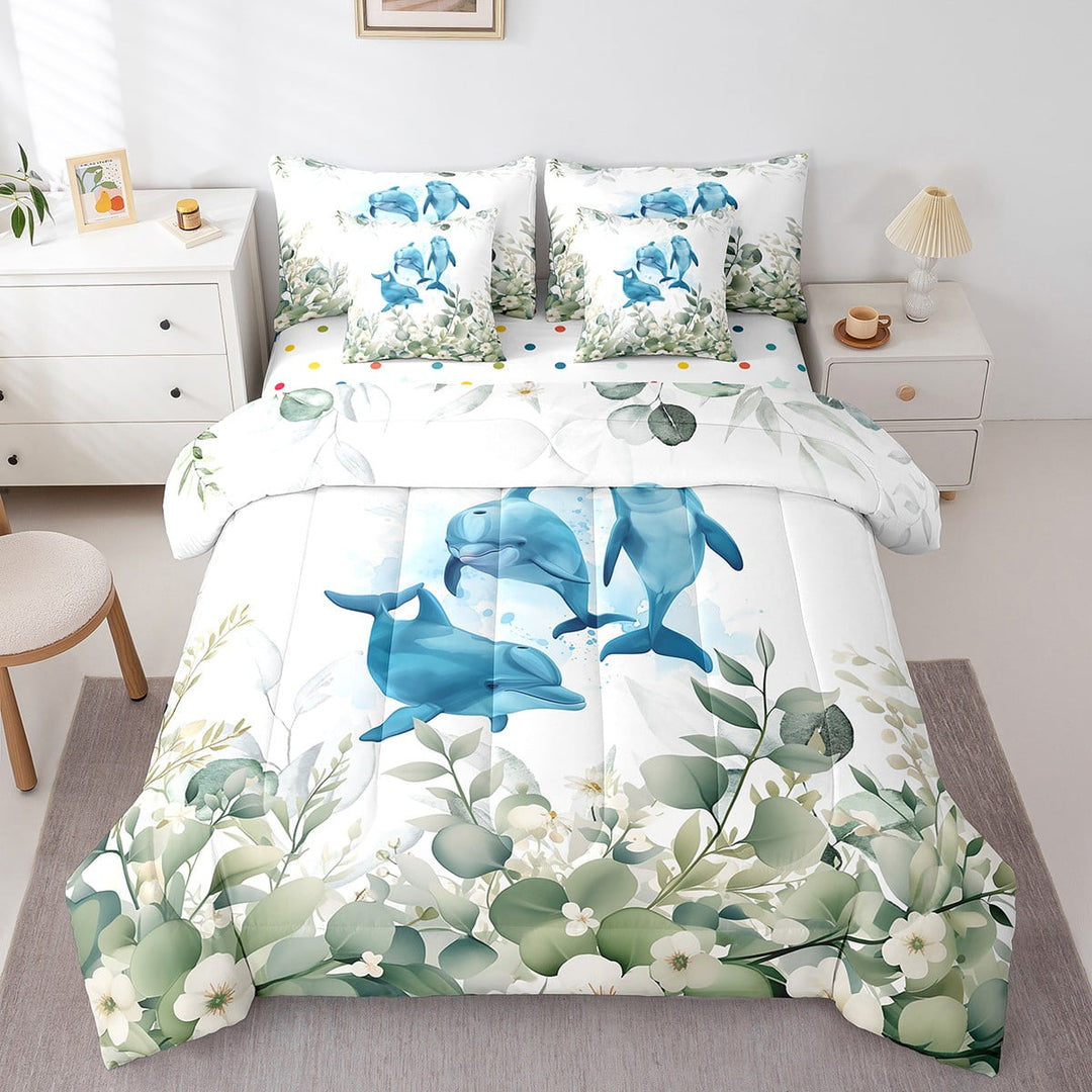 Erosebridal Cartoon Animal Bed in a Bag 7-Piece Kawaii Dolphin Bedding Set, Ocean Fish Twin Size Comforter Set Marine Sealife Bedding Comforter Sets, Botanical Green Eucalyptus Bed Set