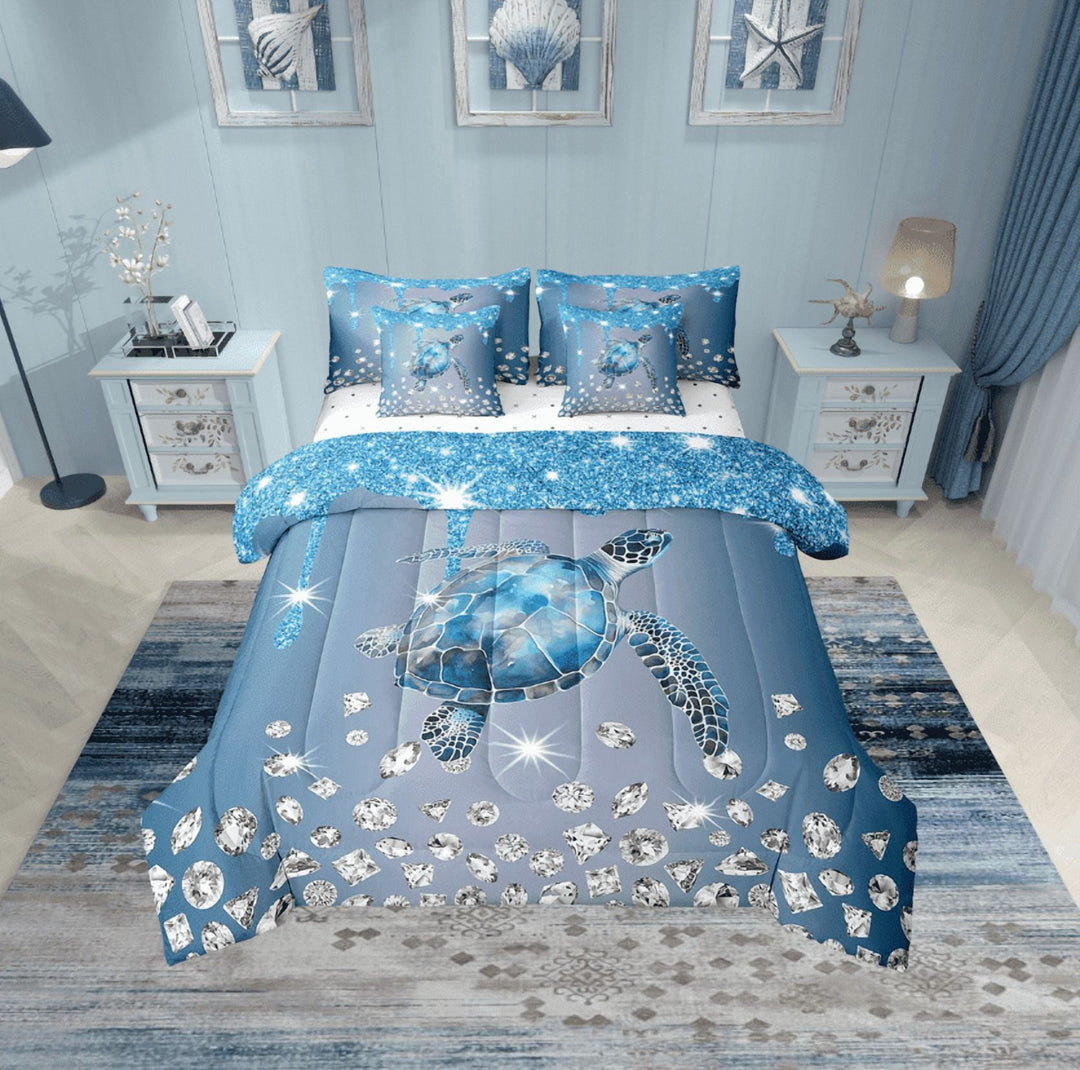 Erosebridal Cute Sea Turtle Bedding Sets Twin Size, Sequin Print Comforter Sets with Sheets, Kawaii Sealife Reversible Bed Set, Ultra Soft Bedroom Decor, 7pcs