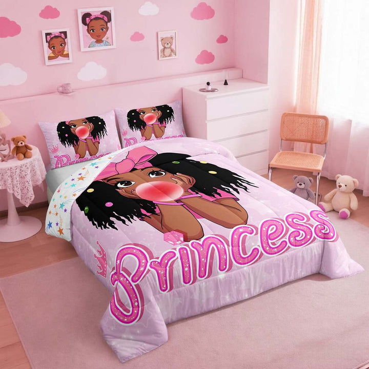 Erosebridal American African Black Comforter Set Full Hot Pink Princess Bedding Sets Reversible Colorful Stars Bed Comforter Sets,Cute Glitter Quilt Duvet Insert 3 Pcs