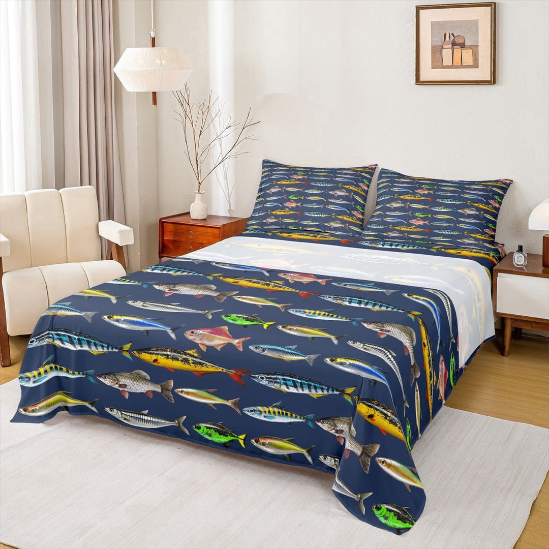 Erosebridal Colorful Fish Full Size Sheets, Rustic Farmhouse Fishing Bed Sheets, 1 Flat Sheet, 1 Fitted Sheet and 2 Pillowcases