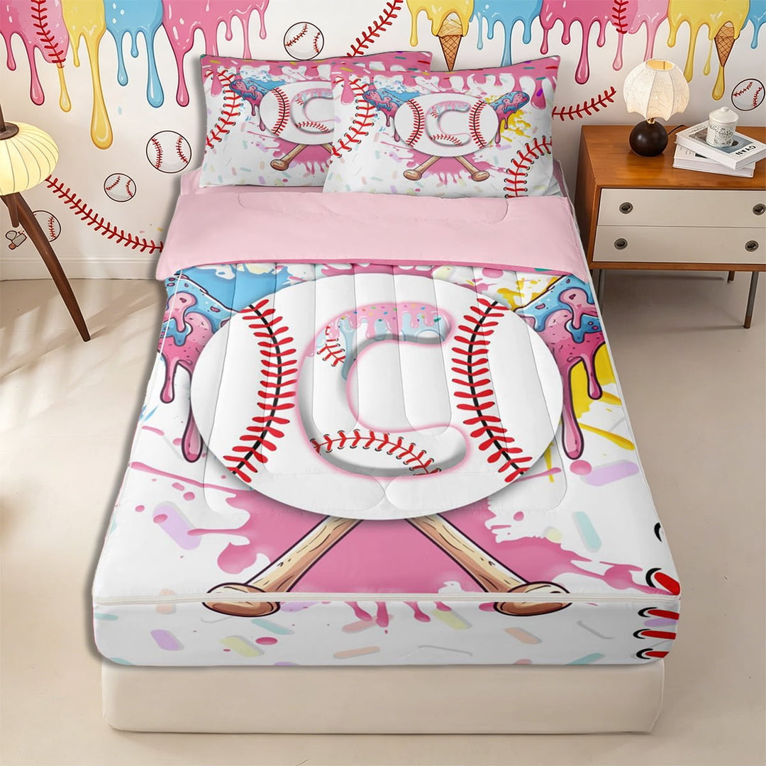 Meiyoeat Ice Cream Baseball Letter C Zipper Full Size Comforter Sets with Fitted Sheet and 2 Pillowcases for Girls Toddlers, Cute Monogram Zipper Bedding Set for Daily,4pcs,Pink Reversible
