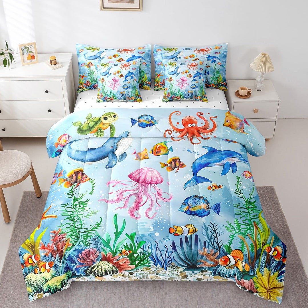 Under The Sea Comforter Set 7 Piece Bed in a Bag Twin,Blue Ocean Octopus Dolphin Whale Underwater Fish Bedding Set Twin,Sea Turtle Jellyfish Sheet Sets Starfish Nautical Coastal Summer Beach Decor