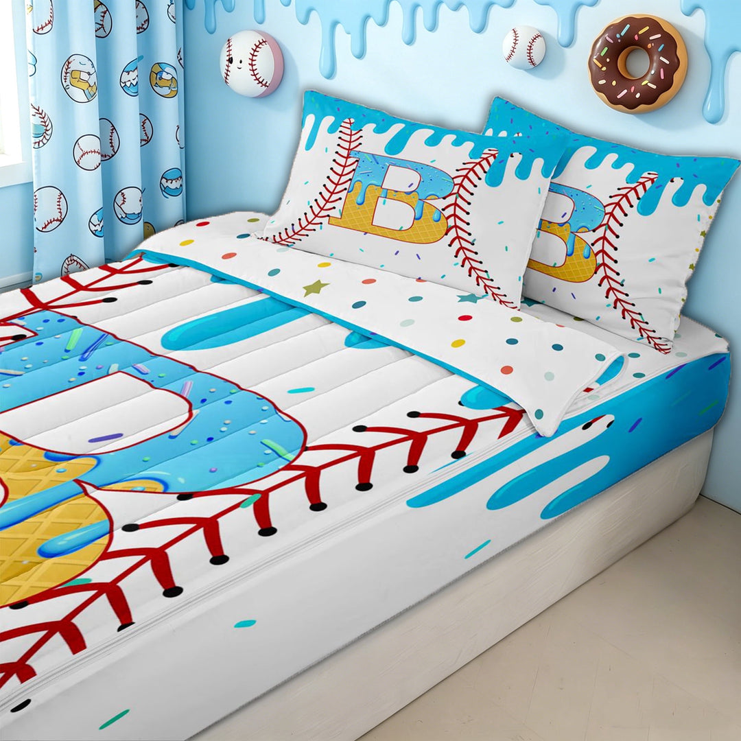 meiyoeat Ice Cream Baseball Zipper Twin Comforter Sets with Fitted Sheet and 2 Pillowcases for Girls, Blue Yellow Drip Monogrammed B Zipper Bedding Set, Polkadot Reversible, 4 Pieces