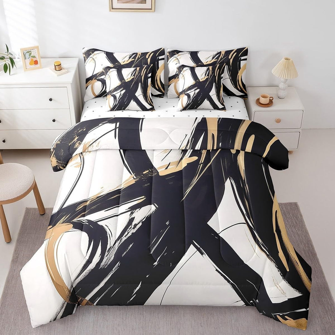 YST Black Gold Abstract Art Line 7 Piece Bedding Set King Size Modern Geometric Print Comforter Set with Sheets for Kids Boys Girls Bedroom Decor Minimalist Ink Line Bed in a Bag Soft Bed Set