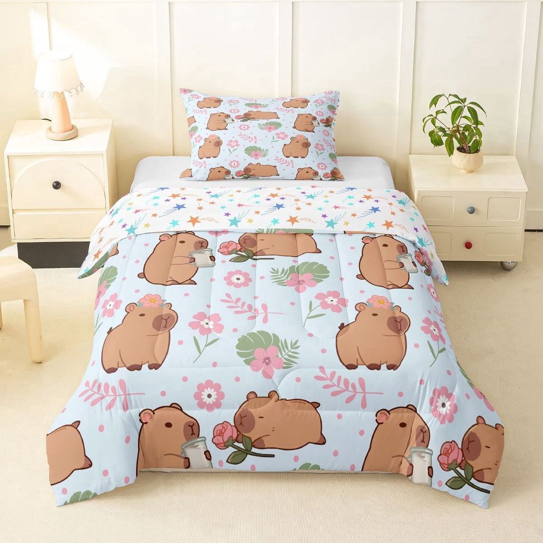 Erosebridal Cartoon Capybara Twin Comforter Sets 3-Piece For Kids,Pink Flowers Green Leaves Bedding Set For Boys Girls,Super Cozy Room Decor