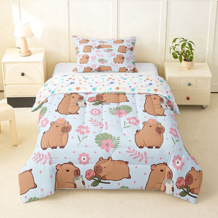 Erosebridal Cartoon Capybara Twin Comforter Sets 3-Piece For Kids,Pink Flowers Green Leaves Bedding Set For Boys Girls,Super Cozy Room Decor