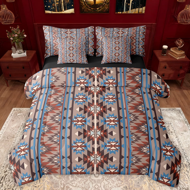 Manfei Retro Brown Rectangle Twin Bedding Sets 7-Piece, Mystic Western Abstract Bedding Comforter Set, Teens Adult Women Men Reversible Sheet Sets, Microfiber Bedroom Decor