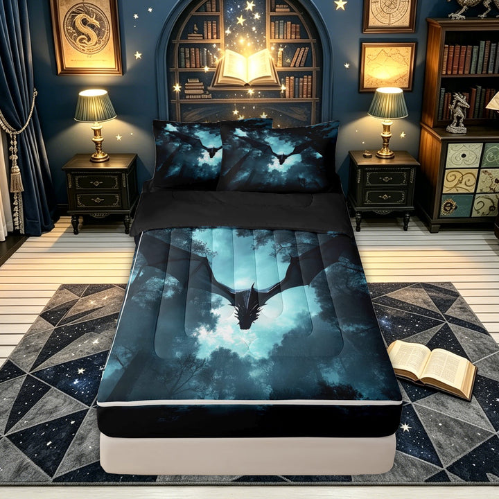 meiyoeat Forest Dragon Zipper Comforter Set with Fitted Sheet and 2 Pillowcases for Boys Girls Kids, Dark Jungle Animal Zipper Bedding Set, Cyan, Black Reversible, 3-Piece