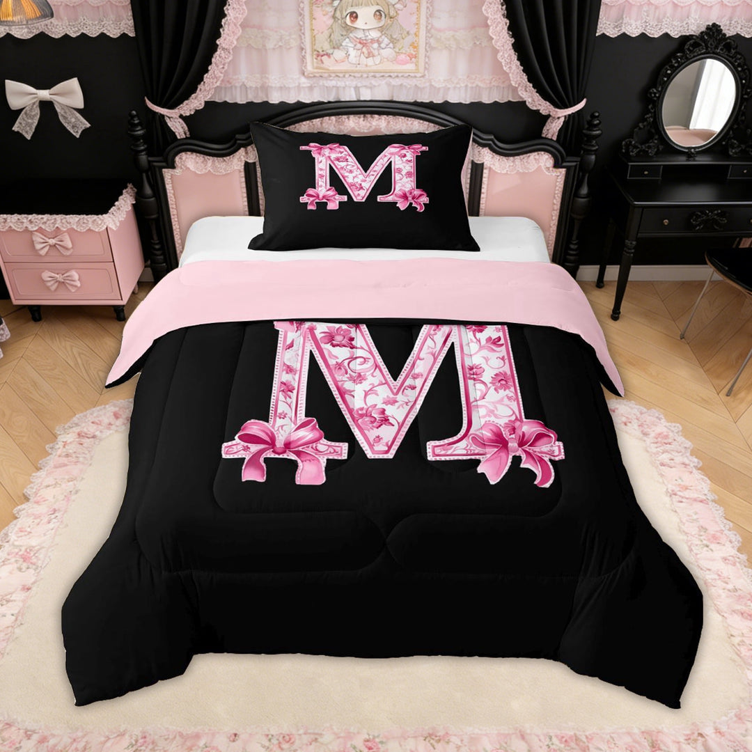 Erosebridal Pink Floral Letter M Bow Twin Comforter Sets for Girls Women, Princess Bowknot Bedding Set, Reversible, 2-Piece