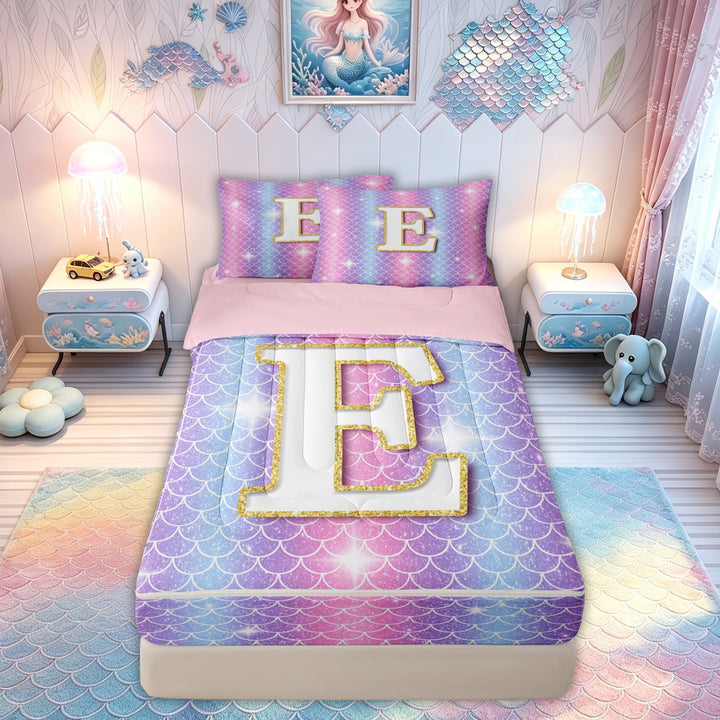 meiyoeat Mermaid Letter E Zipper Comforter Set with Fitted Sheet and 2 Pillowcases for Kids Girls, Glitter Scale Print Zipper Bedding Set, Iridescent, Pink Reversible, 3pcs