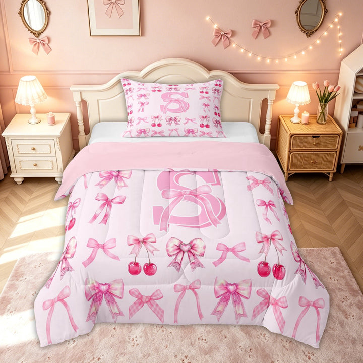 meiyoeat Cherry Bow Letter S Full Size Comforter Sets for Girls, Fruit Ribbon Bedding Comforter Set for Kids, Hot Pink, Pink Reversible, 3 Pieces, 1 Comforter and 2 Pillowcases