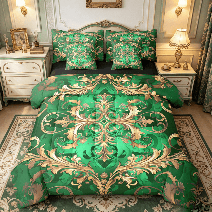 Erosebridal Gold Damask Bedding Sets Queen Size,Boho Bohemain Flower Comforter Sets with Sheets,Vintage Florals Bed in a Bag Queen Size For Men Women,Breathable Room Decor Reversible,7-Piece