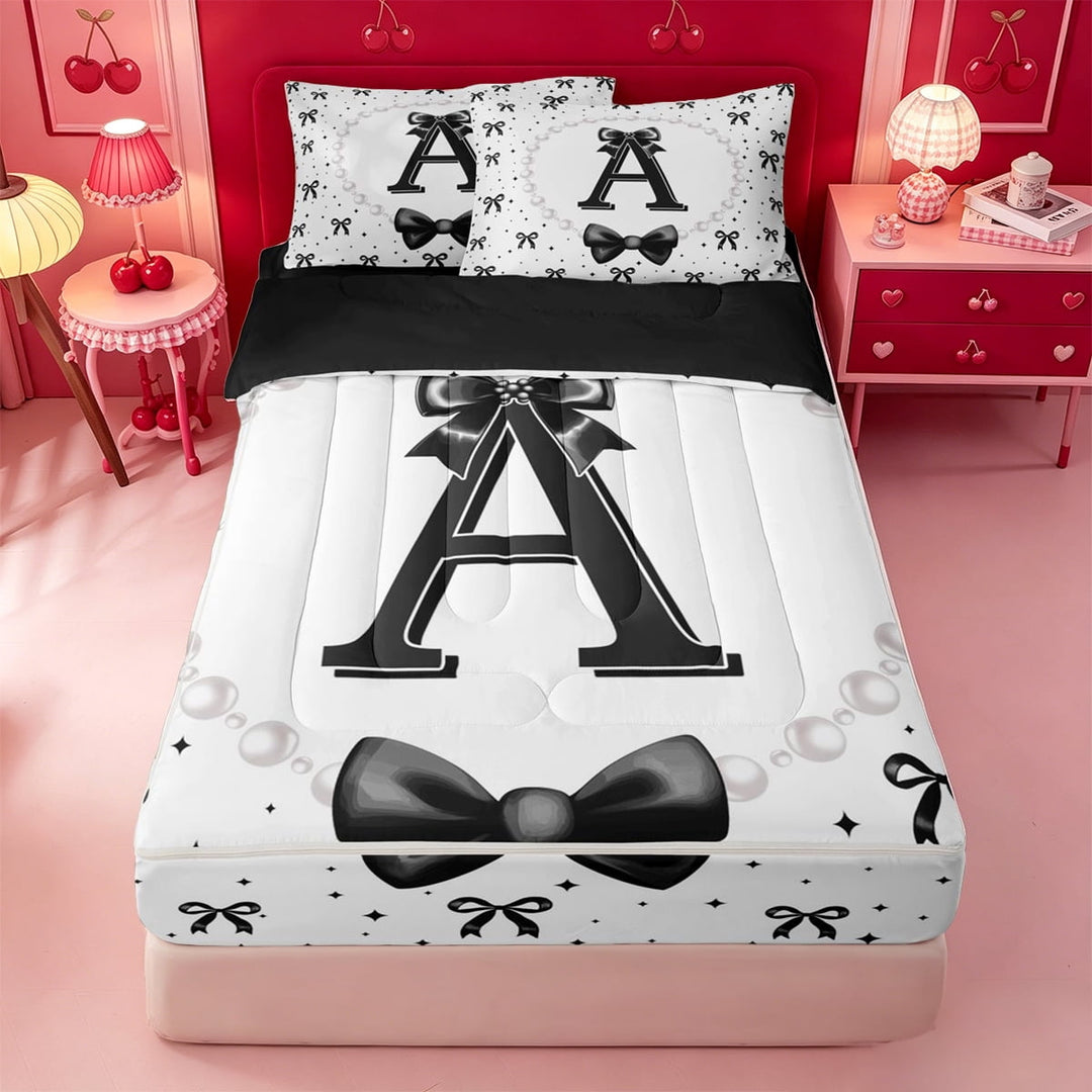 meiyoeat Bowknot Letter Print A Zipper Full Size Comforter Sets with Fitted Sheet and 2 Pillowcases For Girls,Girly Black Bow Zipper Bedding Set For Kids,Black Reversible,4-Piece