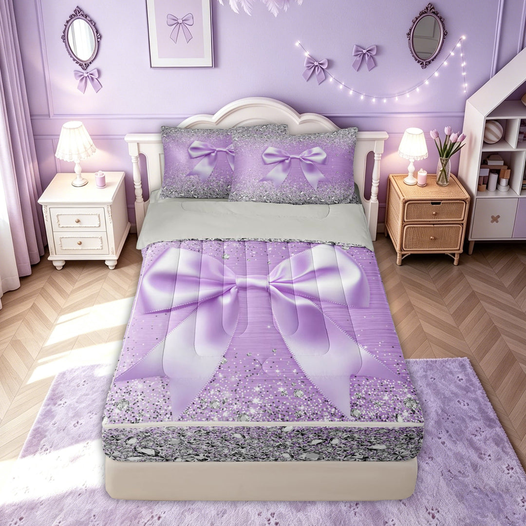 meiyoeat Lavender Princess Bow Zipper Twin Comforter Sets with Fitted Sheet and 2 Pillowcases for Women Girls, Glitter print Diamond Zipper Bedding Set, Purple Silver, Grey Reversible, 4pcs