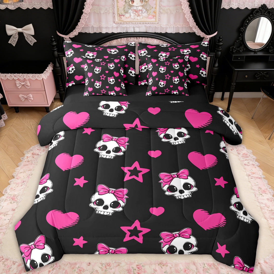 Erosebridal Pink Bow Sugar Skull Twin Bedding Sets for Girls, Love Heart Stars Bedding Comforter Set, Black Reversible, 7-Piece