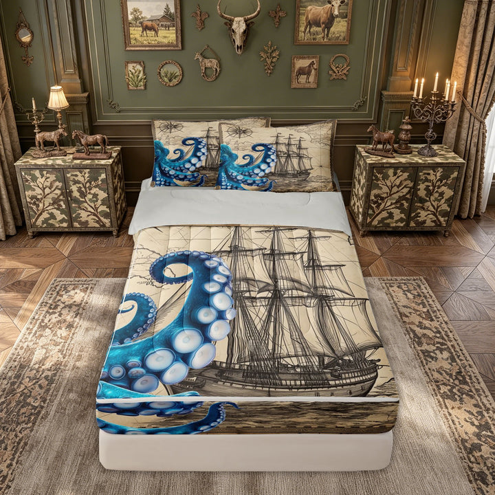 meiyoeat Vintage Octopus Zipper Comforter Set with Fitted Sheet and 2 Pillowcases for Men Kids, Nautical Map Compass Ocean Sail Adventure Zipper Bedding Set, Beige, Grey Reversible, 3-Piece