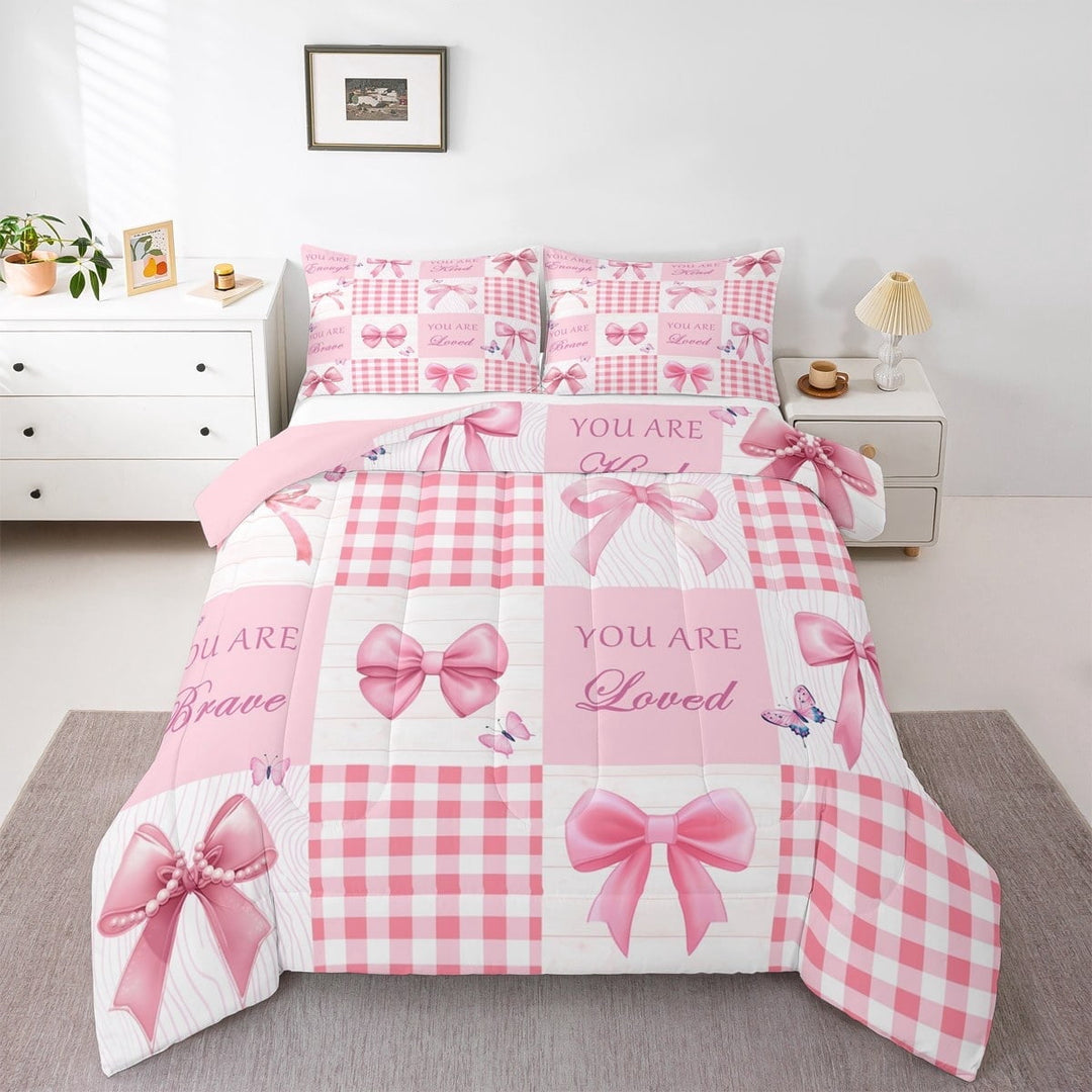 Erosebridal Cute Bowknot Bedding Sets Full with Comforter,Patchwork Buffalo Duvet Insert,Ribbon Bowtie Butterfly Comforter Sets Full Size For Princess,Microfiber Bedroom Decor Reversible,3-Piece