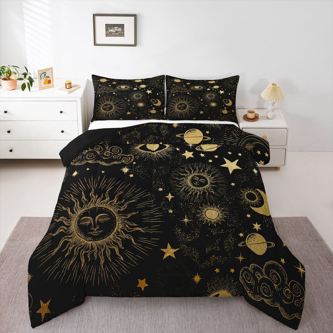 Star Moon Bedding Set Full Size, Starry Sky Series Comforter Set , Cosmic Planets Sun Face Pattern Duvet Insert , Trippy Hippie Quilted Duvet, Soft Living Bedroom Decor