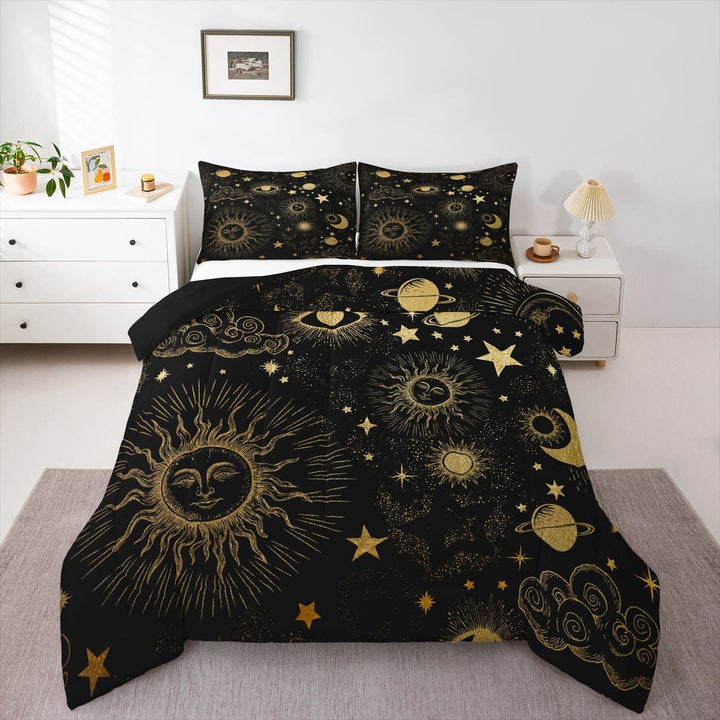 Star Moon Bedding Set Full Size, Starry Sky Series Comforter Set , Cosmic Planets Sun Face Pattern Duvet Insert , Trippy Hippie Quilted Duvet, Soft Living Bedroom Decor