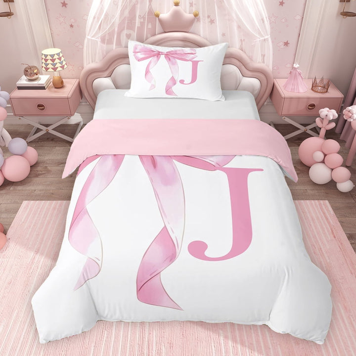 Erosebridal Girls Pink Bow Twin Bedding, J Letter Duvet Cover Set, Princess Style Bedroom Decor, Pink Reversible 2 Pieces, 1 Duvet Cover and 1 Pillowcase (No Comforter)