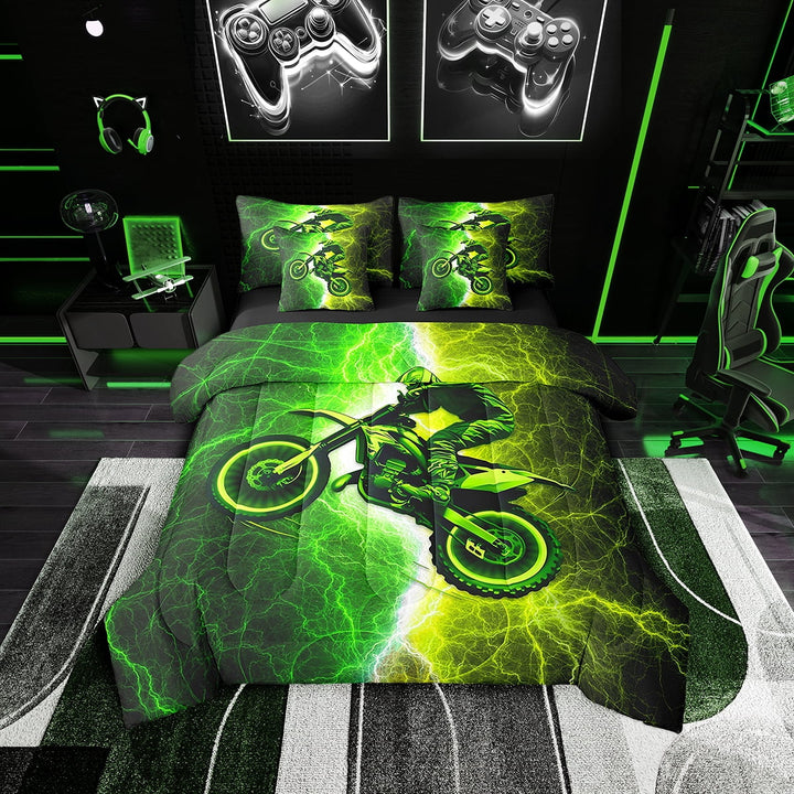 Erosebridal Car Theme Bed in a Bag Twin size 7 Pieces, Dirt Bike Bed Set Men, Lightweight