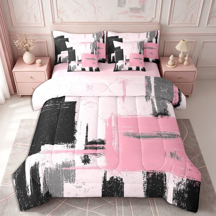 Erosebridal 7-Piece Oil Painting Bedding Sets King Size,Black Pink Bed In A Bag King Size,Abstract Artwork Bedding King Size,Pink Reversible,Lightweight Geometric Bedroom Decorative