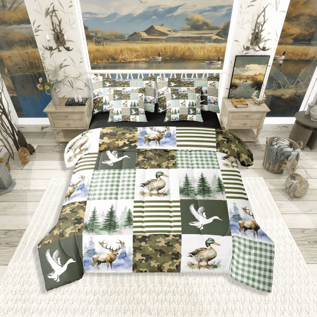 Manfei Mallard Duck 7pcs Queen Bedding Set - Deer Hunting Abstract Stripes Style