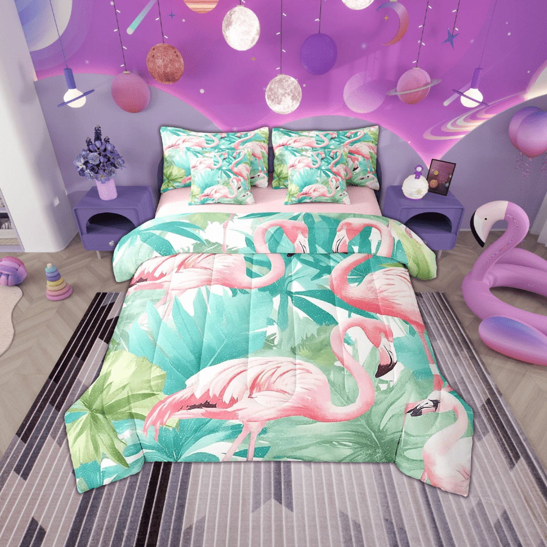 Erosebridal Pink Flamingo Bedding Sets Twin Size, Tropical Animal Bed Set, Leaves Decor, Reversible 7 Pieces