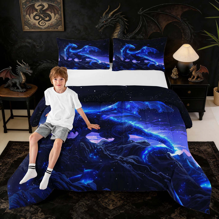 Erosebridal Glowing Starry Blue Dragon Queen Comforter Set for Boys and Girls, Blue Cosmic Fantasy Bedding Comforter Set, 3 Pieces 1 Comforter and 2 Pillowcases
