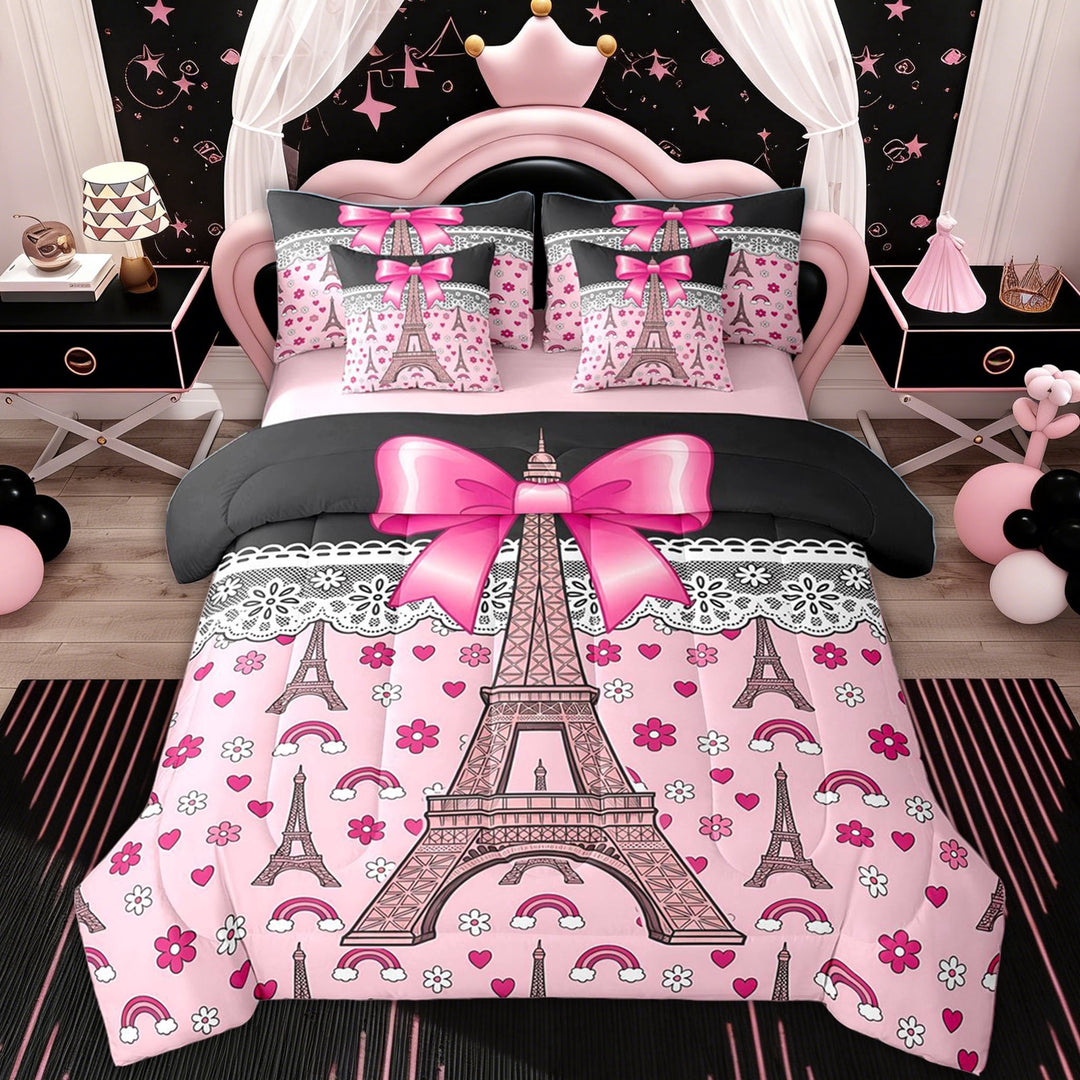 Erosebridal Princess Bowknot Girl Twin Bedding Sets, Paris Eiffel Tower Bedding Comforter Set, Black Pink, 7pcs