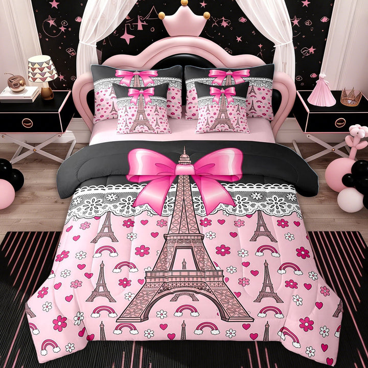 Erosebridal Princess Bowknot Girl Twin Bedding Sets, Paris Eiffel Tower Bedding Comforter Set, Black Pink, 7pcs