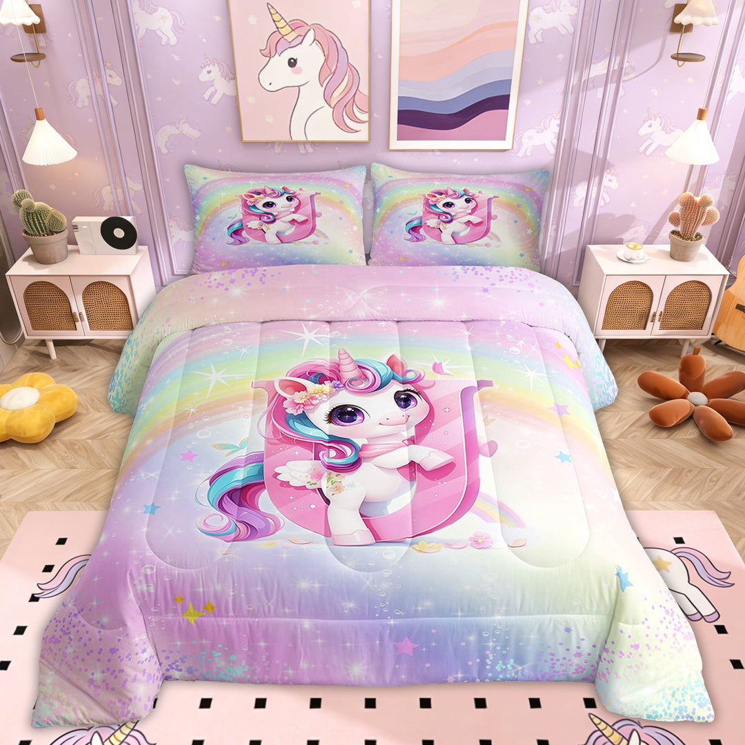 Erosebridal Pink Unicorn Bedding Sets Twin with Comforter, Initial Letter U Duvet Insert, Princess Flower Decor, Reversible 2pcs