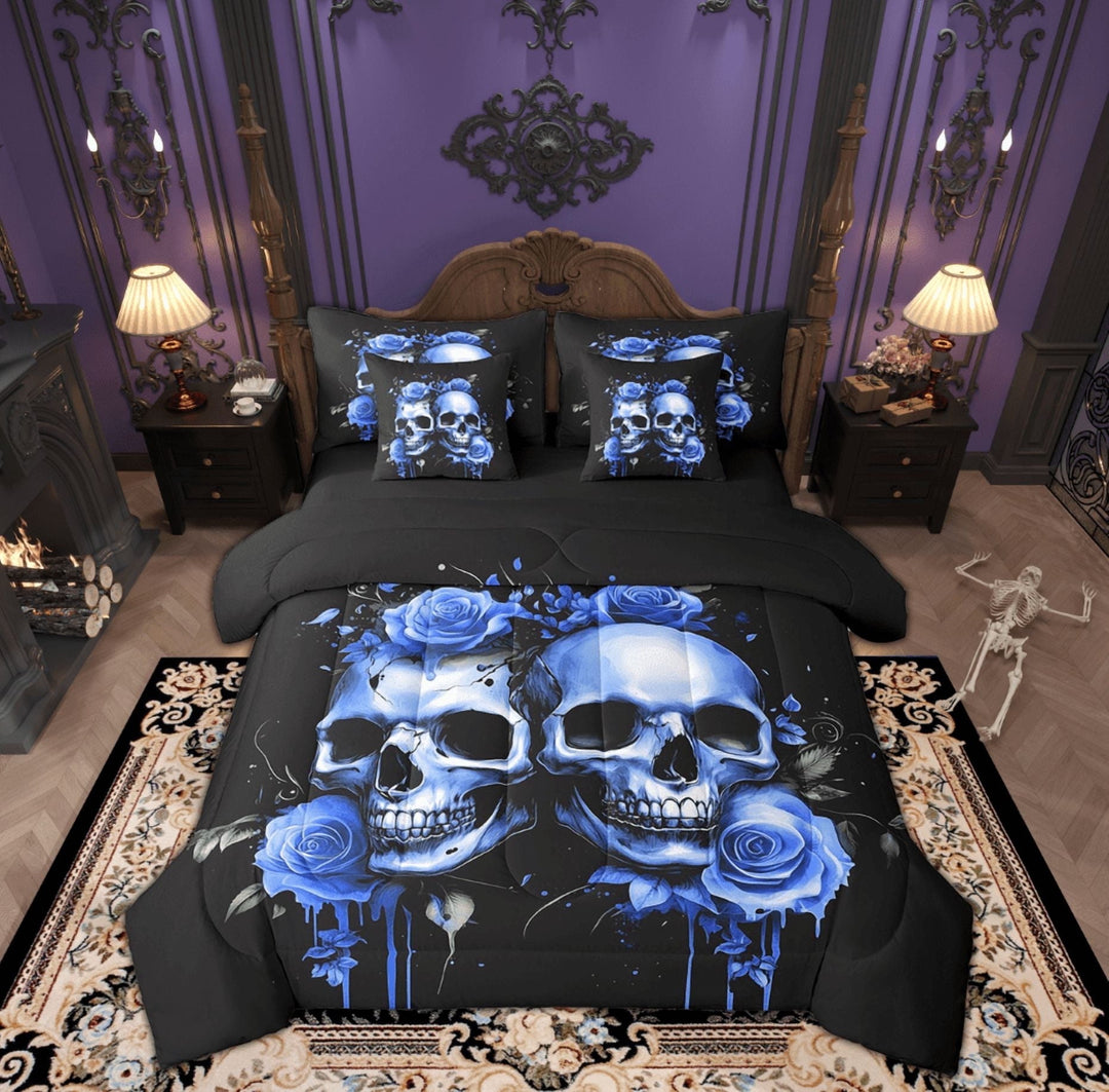 Manfei Skull Skeleton Bedding Full Size, Blue Rose Bedding Sets Full Size, Flower Floral Reversible Comforter Sets with Sheets, Lightweight Room Decor, 7 Pieces