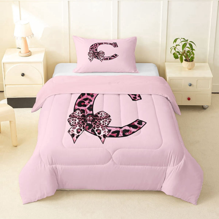 Erosebridal Cheetah Print C Personalized Initial Twin Comforter Sets 3-Piece For Teens,Girls Vintage Leopard Print Bowknot Bedding Set,Pink Reversible