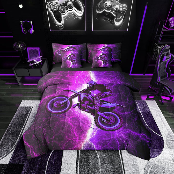 Erosebridal Purple Dirt Bike Bedding Twin Size 7pcs, Lightning Printed Comforter Sets with Sheets, Reversible