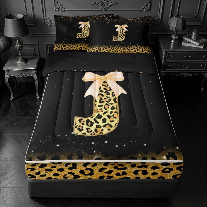 meiyoeat Sparkling Leopard Monogram J Zipper Twin Comforter Sets with Fitted Sheet and 2 Pillowcases,Gold Glitter Print Alphabet Aesthetic Zipper Bedding Set For Girl,Black Reversible,4 Pieces
