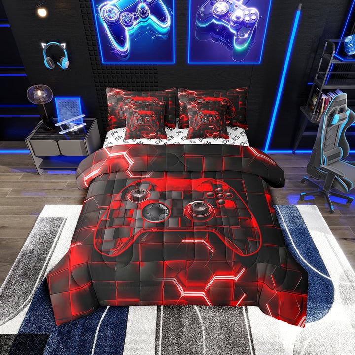 Erosebridal Red Gamepad Bedding Sets Twin Size, Neon Rectangle Comforter Sets with Sheets, Abstract Decor, Reversible 7-Piece