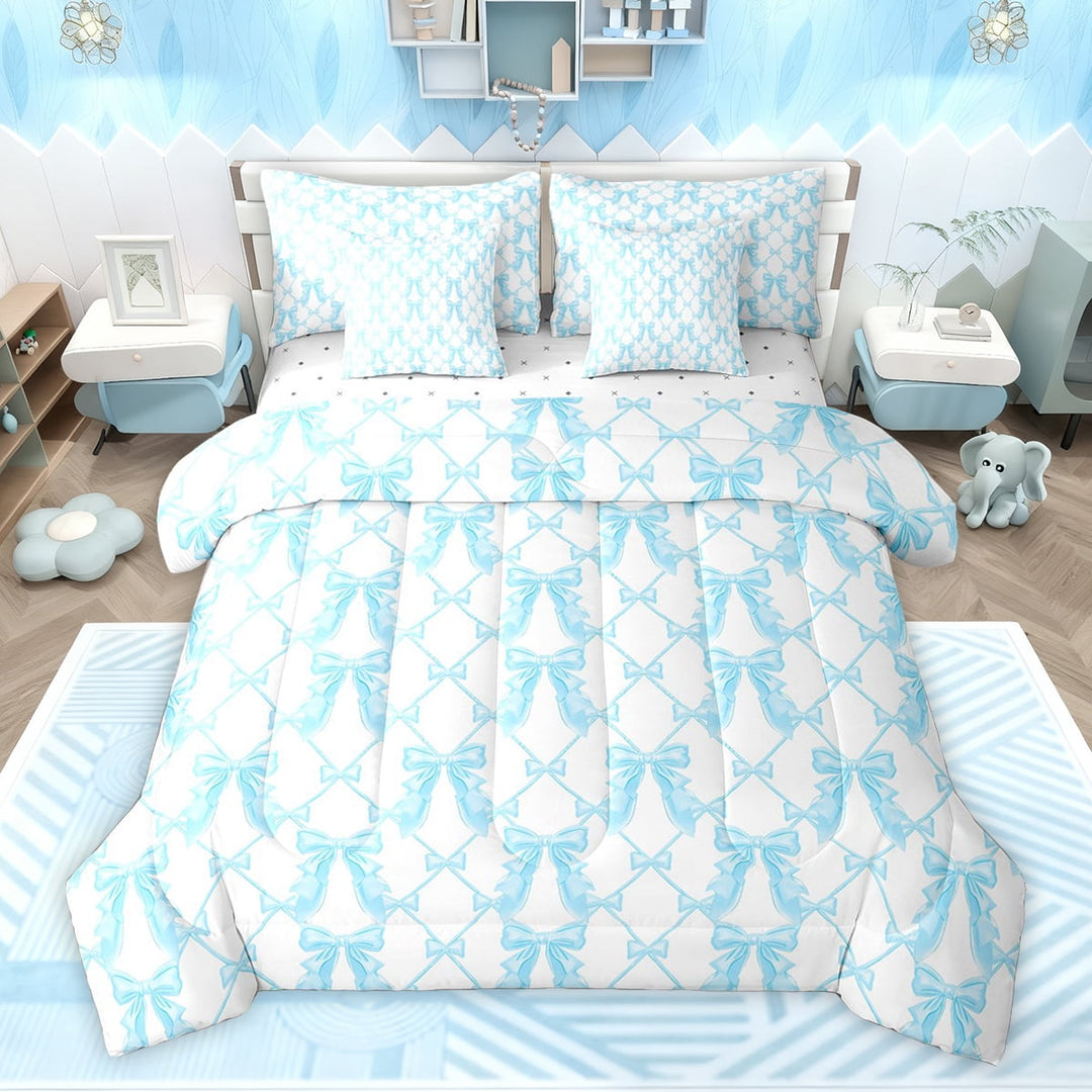 Feelyou Blue Cartoon Bow Twin Bedding Sets 7-Piece for Kids, Cute Ribbon Bowknot Bedding Comforter Set, Fairy Tale Princess Reversible Sheet Sets, Microfiber Bedroom Decor