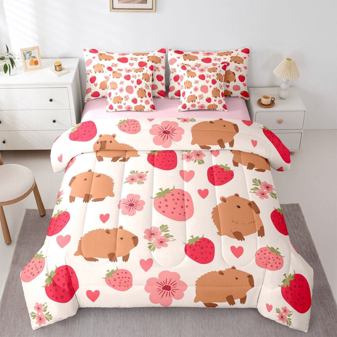 Erosebridal Cute Capybaras Twin Bedding Sets 7-Piece For Children,Pink Strawberry Flowers Bedding Comforter Set For Kids Boys Girls,Pink Reversible