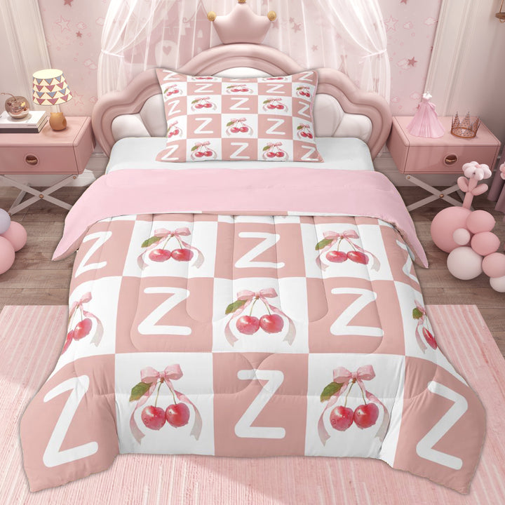 Erosebridal Kawaii Z Letter Kids Twin Comforter Sets, Pink Bow Buffalo Bedding Set, 2-Piece
