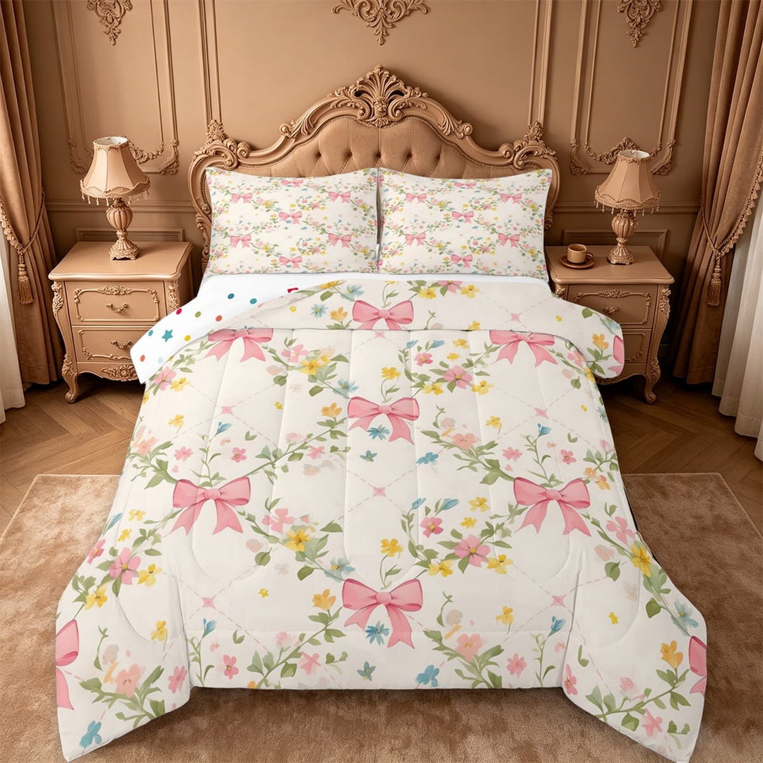 meiyoeat Colorful Cute Floral Full Size Comforter Sets For Girls,Pink Ribbon Bow Bedding Comforter Set For Kids,Reversible,3pcs