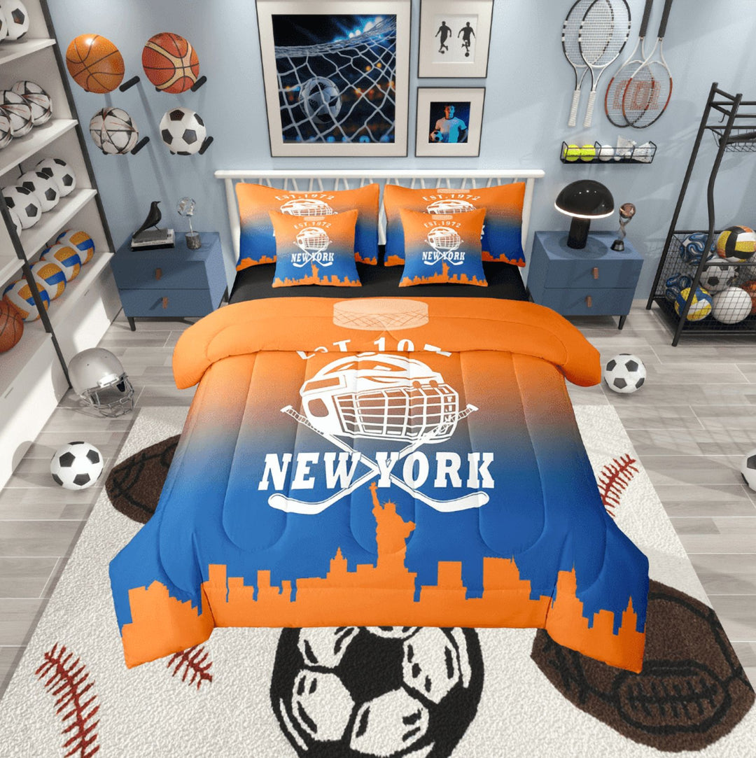 Erosebridal American City New York Bedding Sets Twin Size, Football Soccer Comforter Sets with Sheets, Sports Theme Reversible Bed Set, Breathable Bedroom Decor, 7pcs