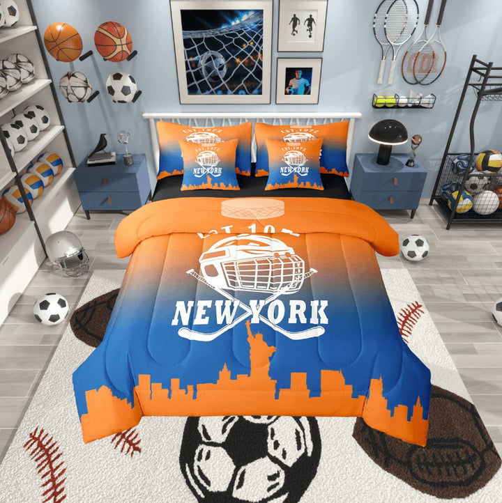 Erosebridal American City New York Bedding Sets Twin Size, Football Soccer Comforter Sets with Sheets, Sports Theme Reversible Bed Set, Breathable Bedroom Decor, 7pcs