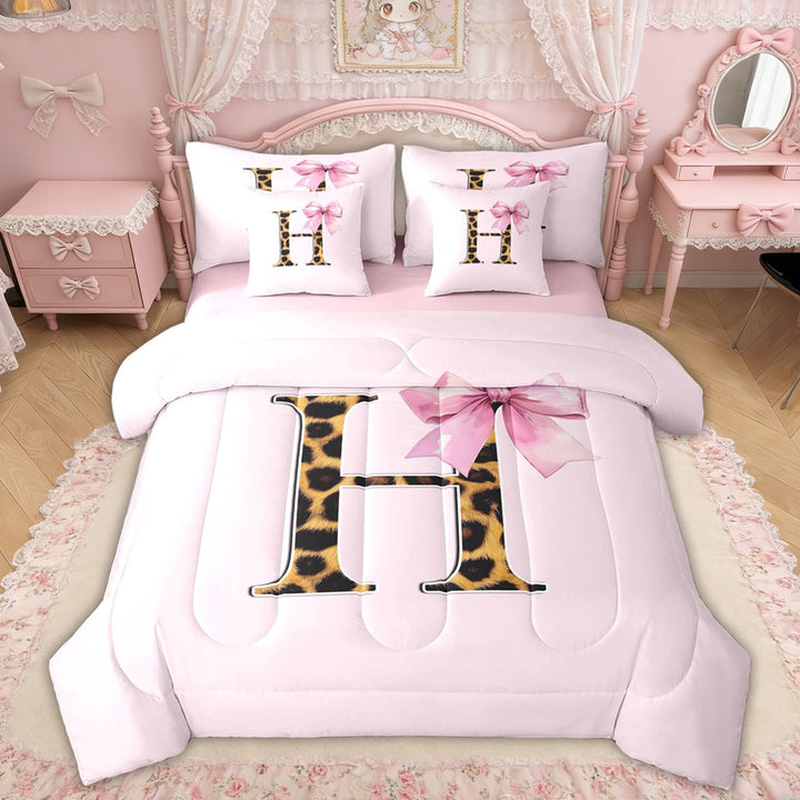 Erosebridal Letter H Leopard Print Twin Bedding Sets, Pink Princess Bow Bedding Comforter Set for Girls Kids, Pink Reversible, 7pcs