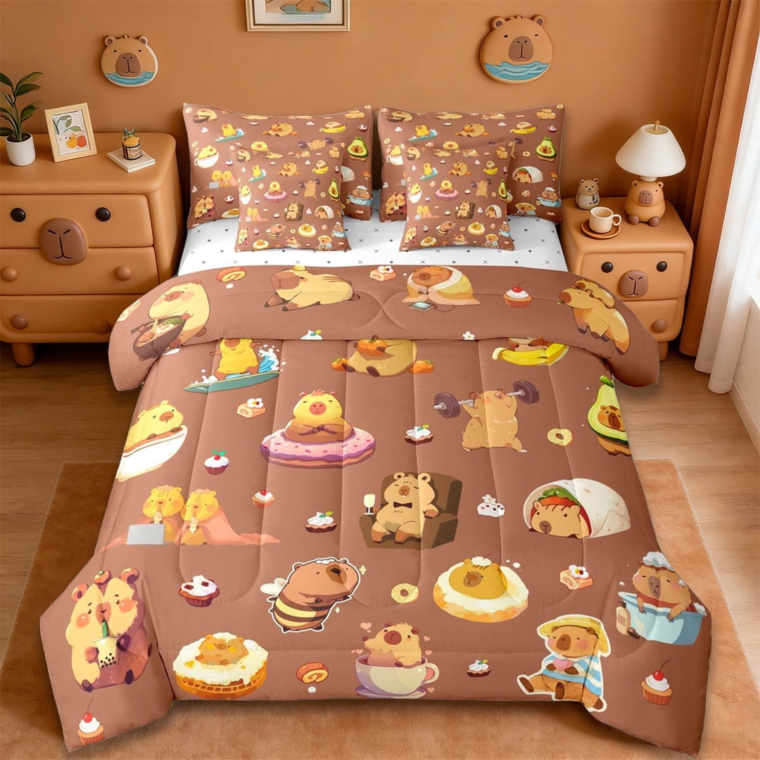 Erosebridal Cute Cake Pattern 7-Piece Twin Bedding Sets,Cartoon Capybara Rodent Animal Bedding Comforter Set For Kids Girls Reversible