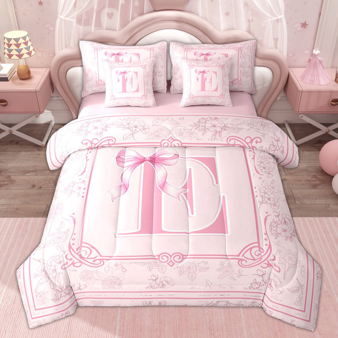 Erosebridal Princess Bowknot Monogrammed Twin Bedding Sets, Initial E Letter Bedding Comforter Set, Pink Reversible, 7pcs