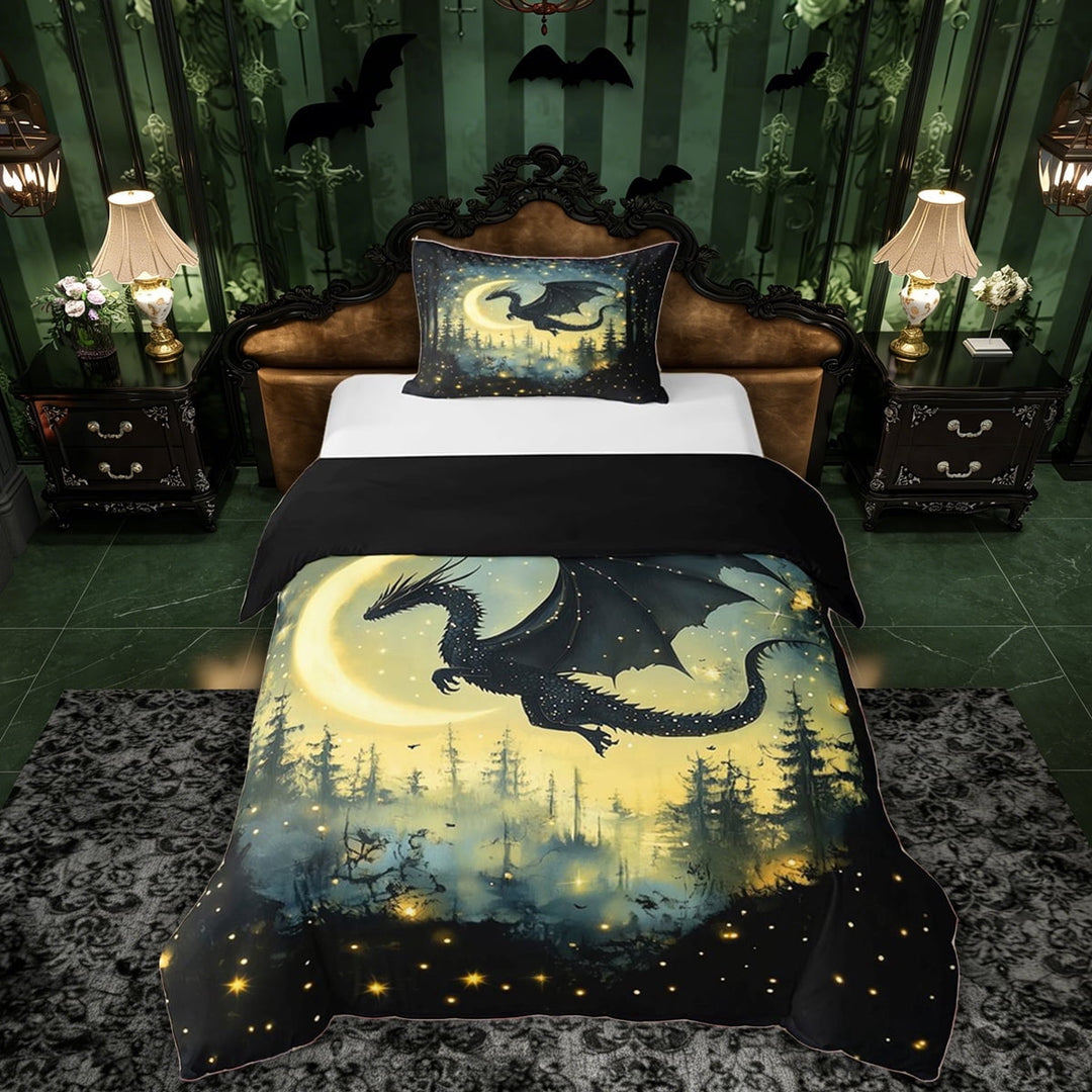 Erosebridal Magic Dragon Twin Bedding for Boys, Magical Jungle Night Duvet Cover Set, Black Reversible, 1 Duvet Cover and 1 Pillowcase (No Comforter)