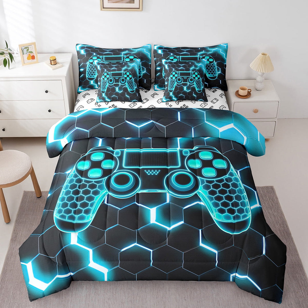 Erosebridal Gamepad Bedding Sets Full Size, Game Player Comforter Sets with Sheets, Honeycomb Geometry Decor, Reversible 7-Piece