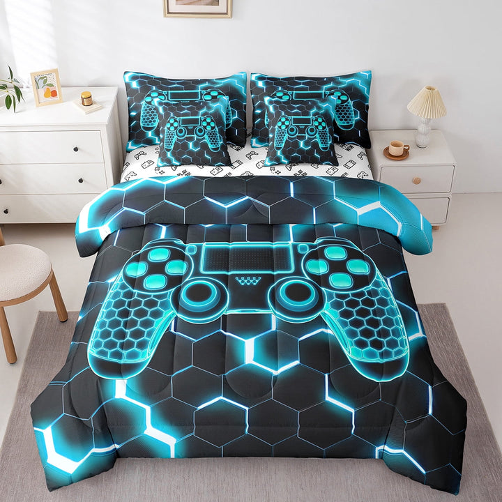 Erosebridal Gamepad Bedding Sets Full Size, Game Player Comforter Sets with Sheets, Honeycomb Geometry Decor, Reversible 7-Piece